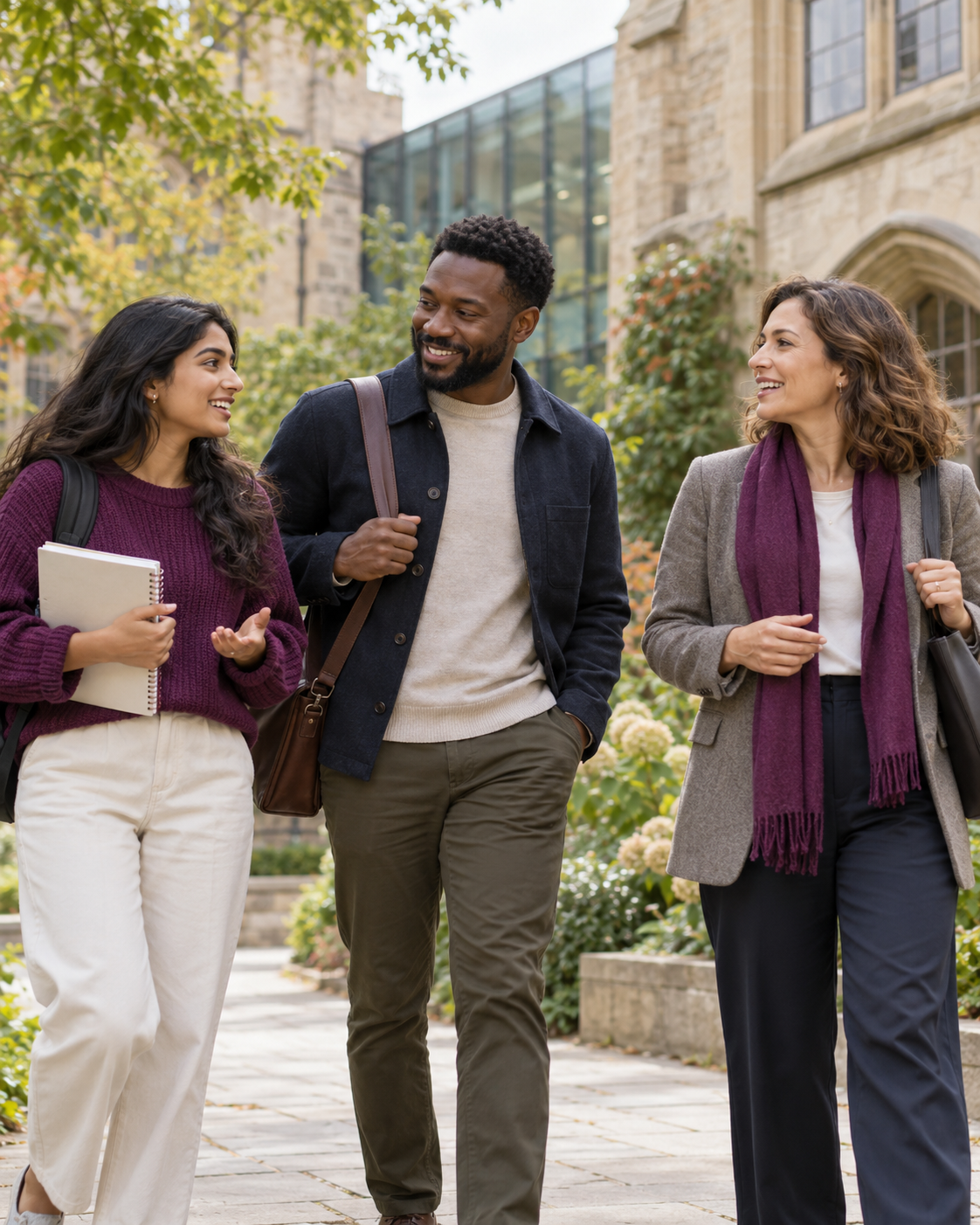 Adult learners talking together in a university courtyard