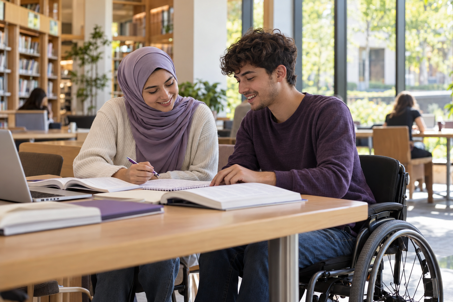 Two adult learners studying together at a library table