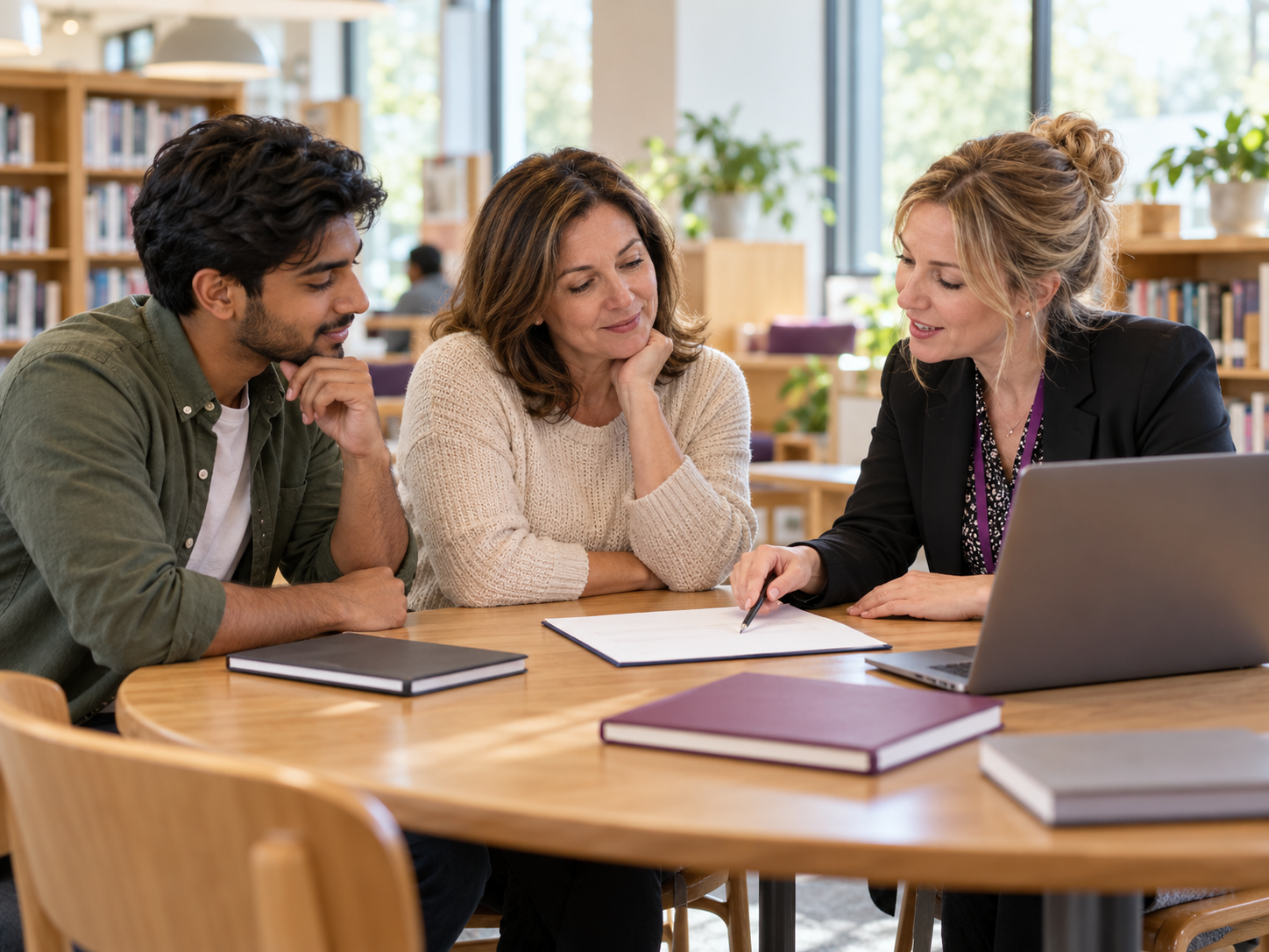 An adviser and two adult learners discussing education plans