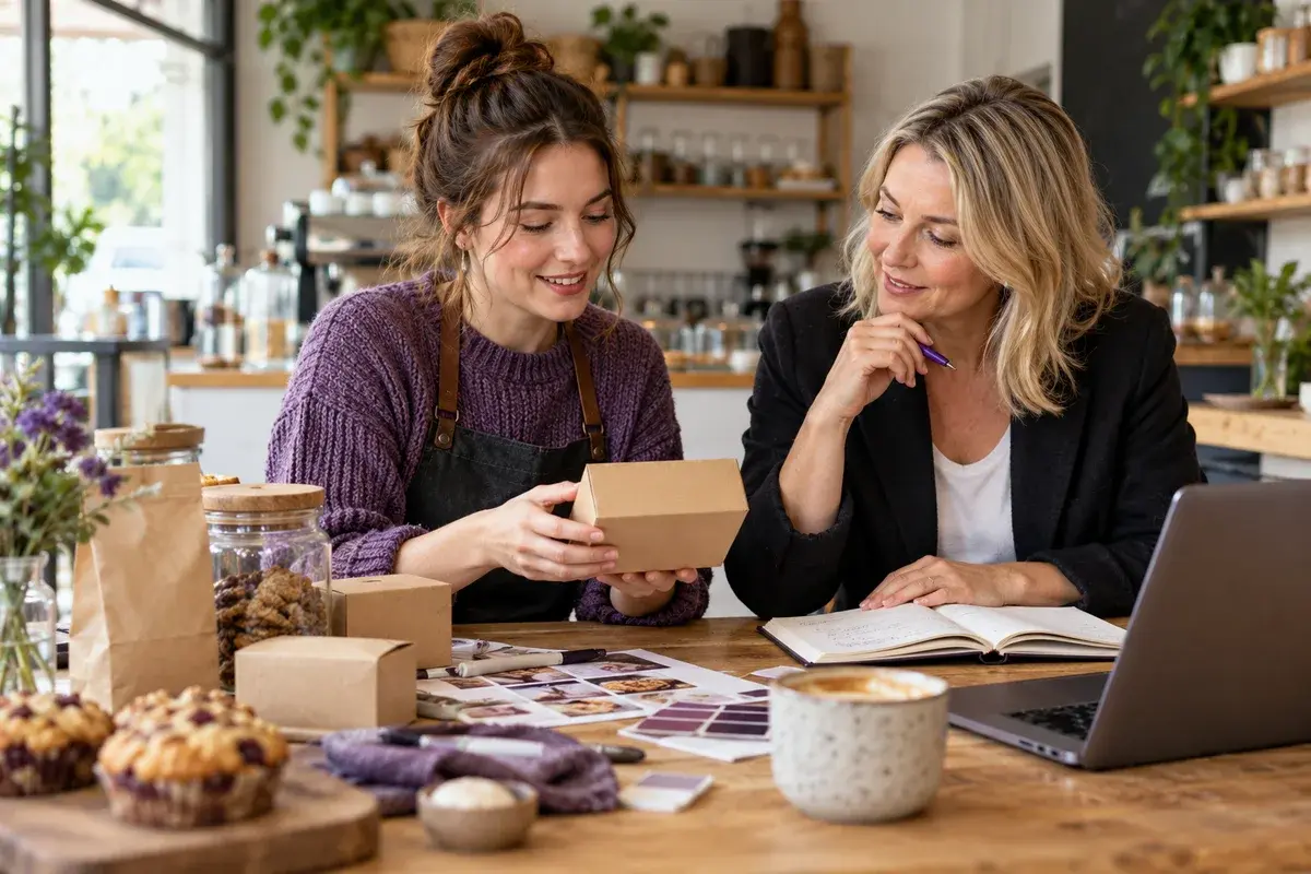 Small business founder and mentor planning a new cafe enterprise, tabletop product packaging and notebook, warm independent workspace