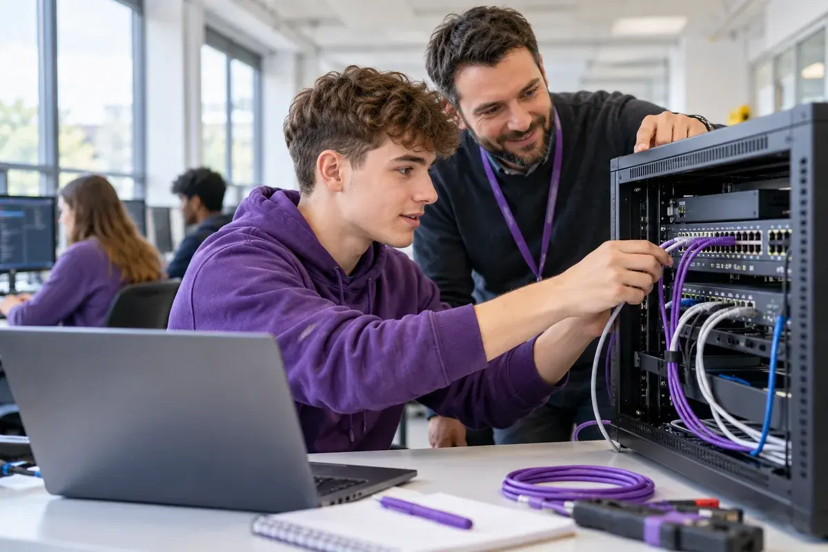 Beginner computing student connecting network cables to a compact networking rack with tutor supervision in a bright college lab