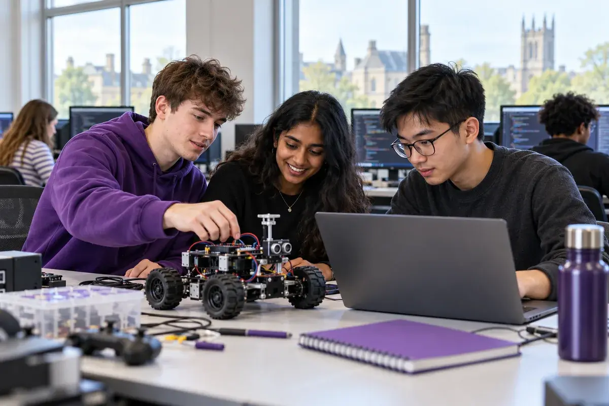 Computing students collaboratively programming a small robotics prototype in a modern university computer lab
