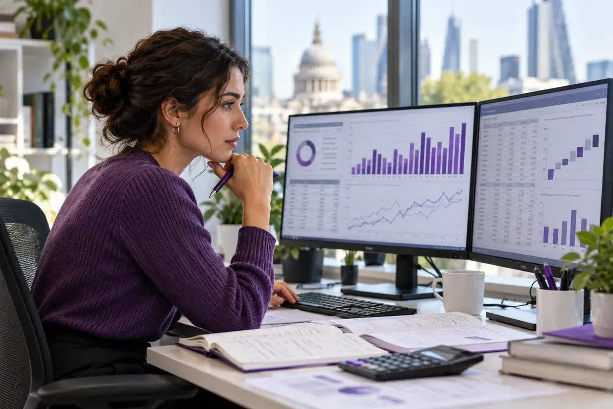 Financial analyst examining cash flow charts on dual monitors beside an open ledger, contemporary office