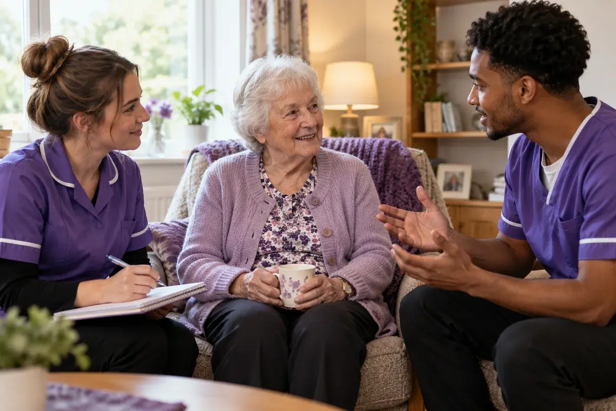 Health and social care students learning supportive communication with an older adult role-play participant in a simulated home care training room