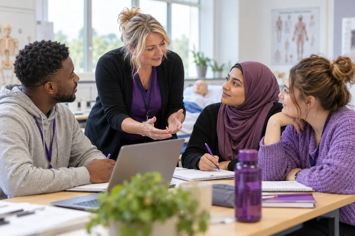 Adult health and social care learners discussing a community care case with an experienced tutor, welcoming college health training classroom