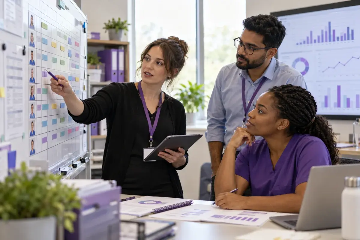 Healthcare management learners reviewing a staff scheduling board and quality improvement charts in a simulated healthcare administration office