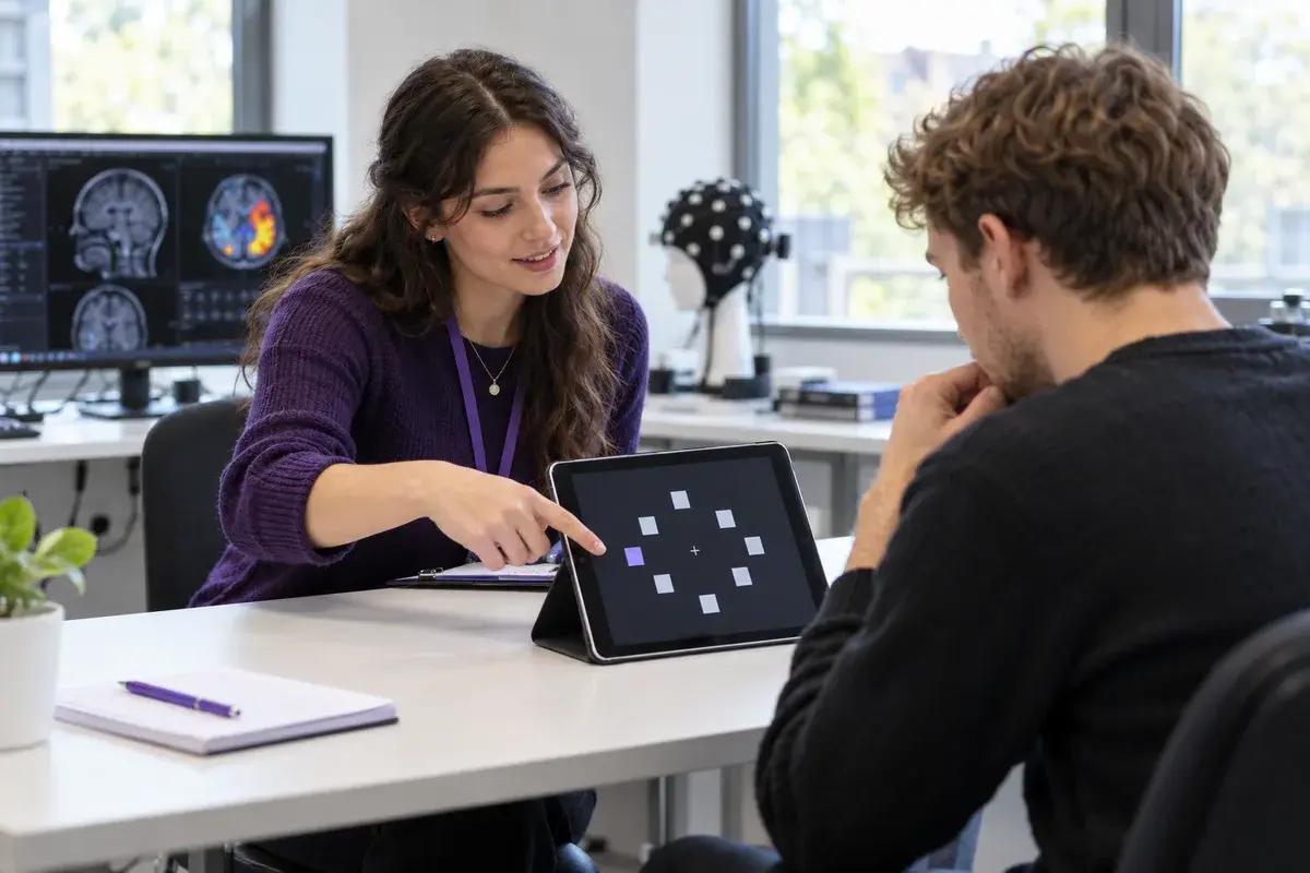 Psychology student researcher conducting a cognitive attention experiment with a consenting adult participant and a tablet in a university research lab
