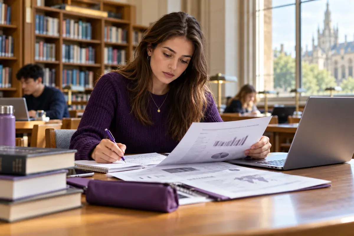Final year business researcher analysing strategy documents at a library desk with laptop, graduate-level independent research atmosphere