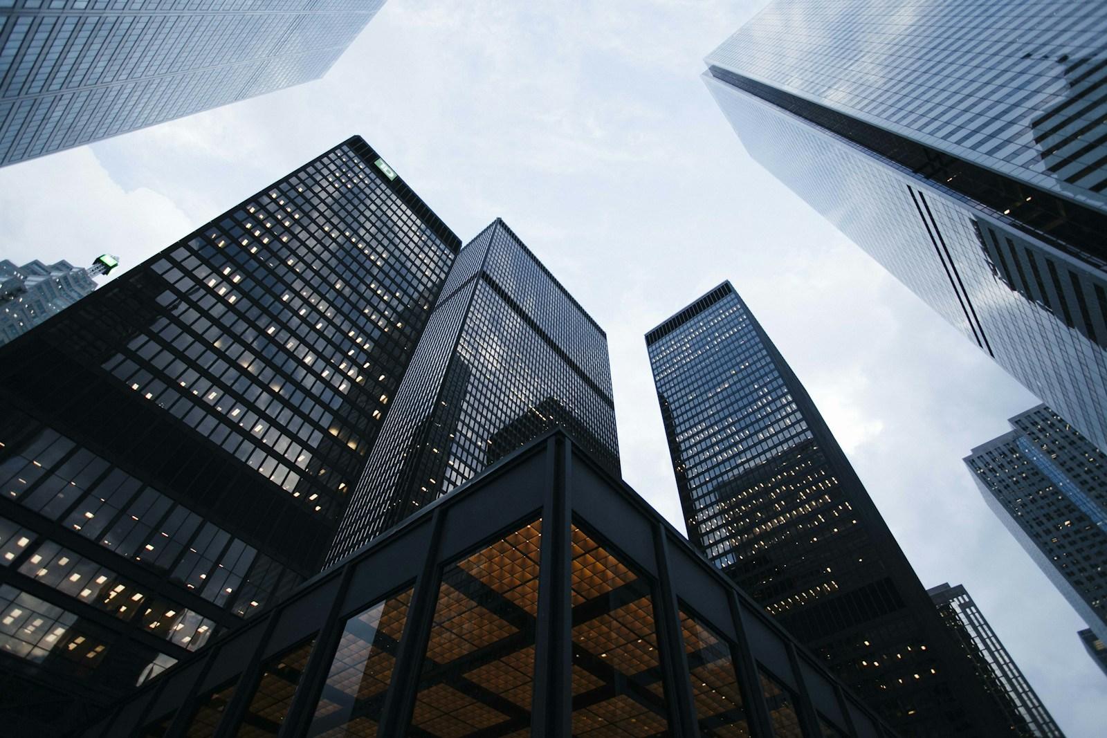 Modern financial district with glass office buildings